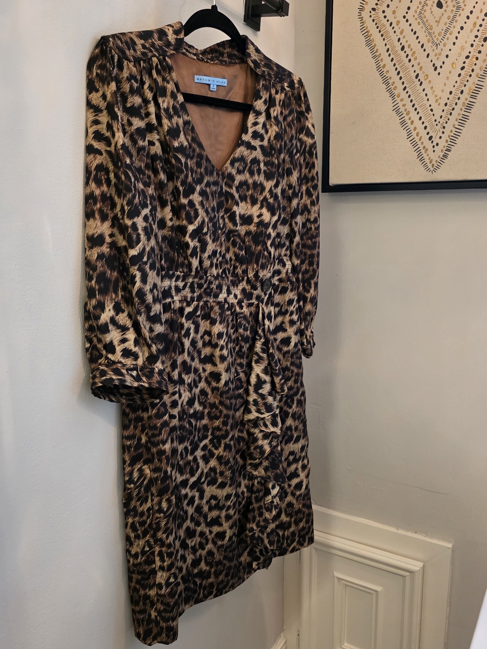 Antonio Melani Leopard Print Long Sleeve V-Neck Dress in Brown